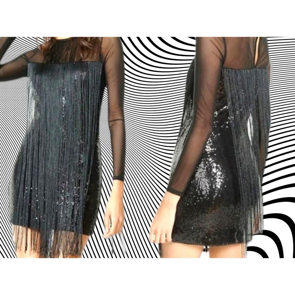 New Express Black Sequin Fringed Short Dress With Sheer Sleeves Size 2 Small